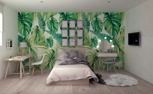 habitación con tapiz de plantas verdes